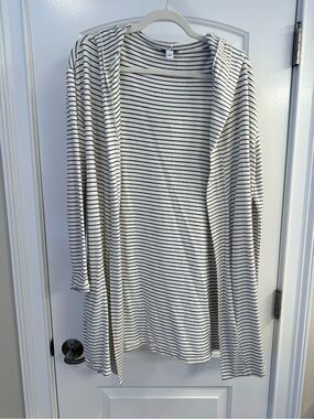 Daily Ritual White Hooded Open Front Cardigan with Black Stripes